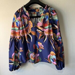 Farm Rio X Anthropologie Helena Floral Tropical Peasant V Neck Blouse L Boho